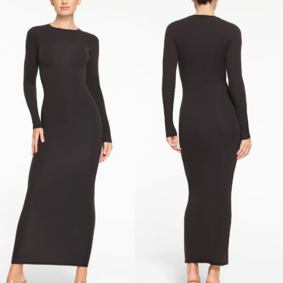SKIMS Fits Everybody Crew Neck Long Sleeve Maxi Dress Black Knit 26428 - Picture 1 of 7
